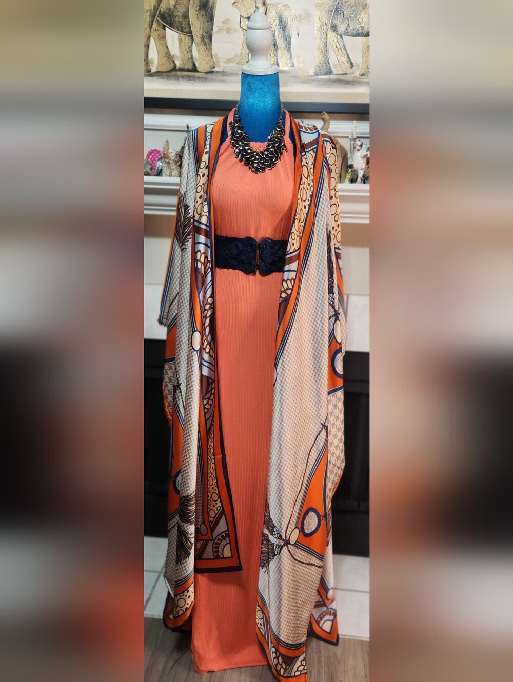 Elegant Coral Maxi Dress with Printed Duster